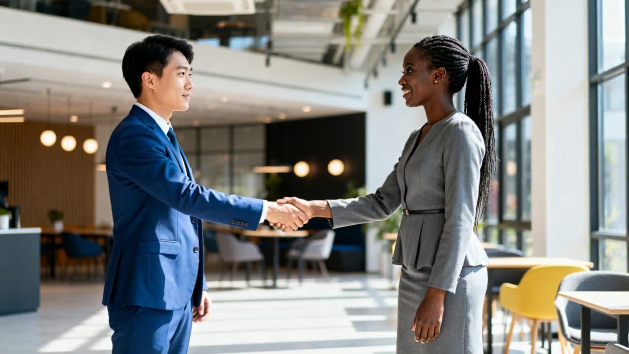 Man extending right hand and woman shaking, initiating handshake for business greeting near windows