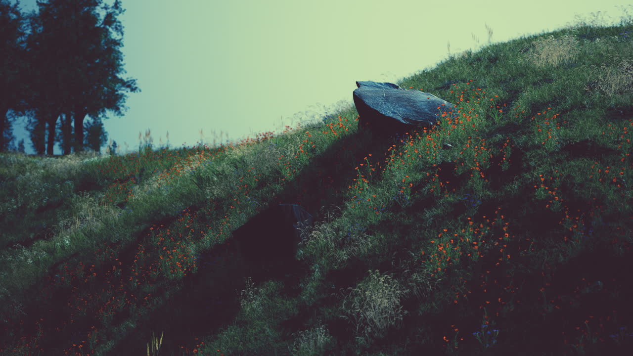 paisaje idílico en los alpes con prados verdes frescos y flores en flor