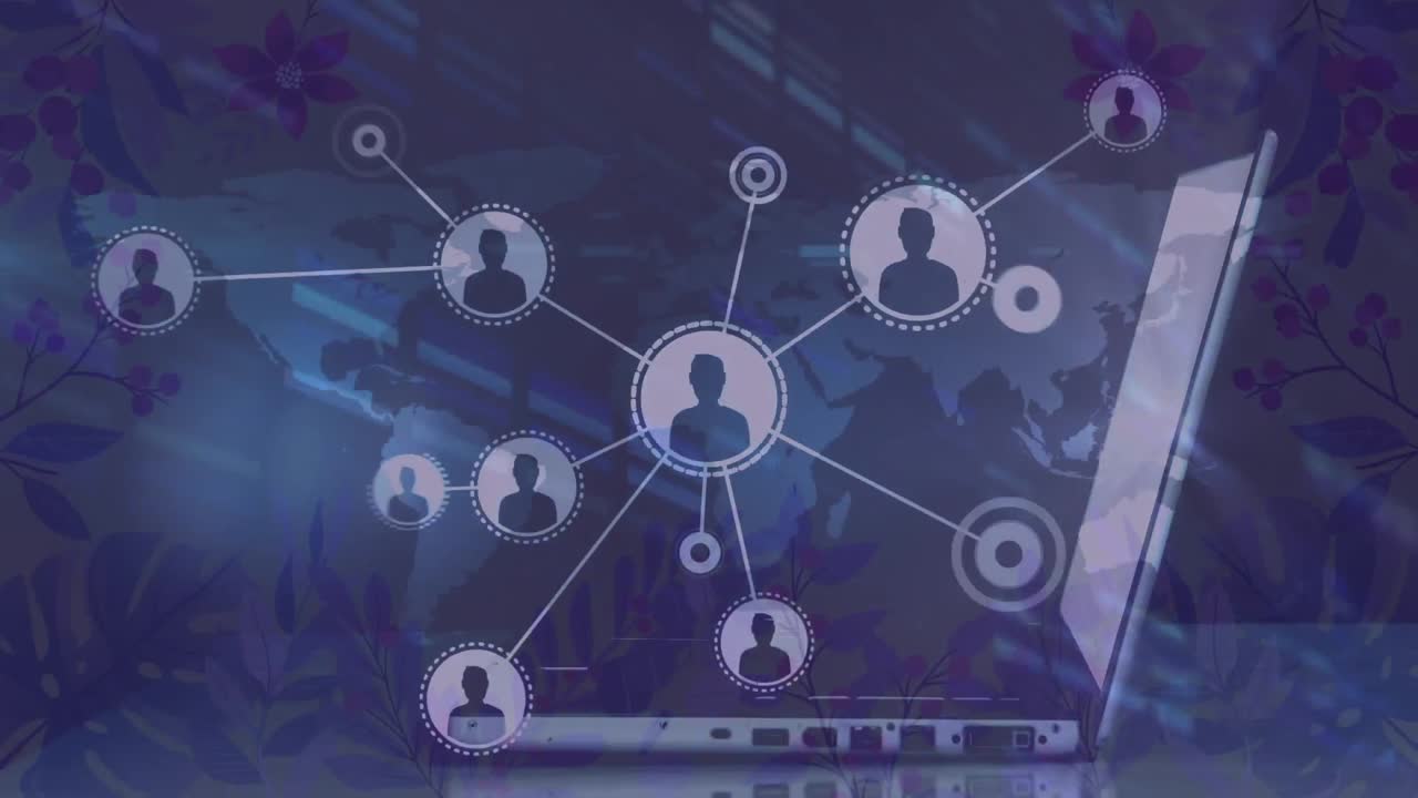 Animation of network of connections and data processing over laptop and world map