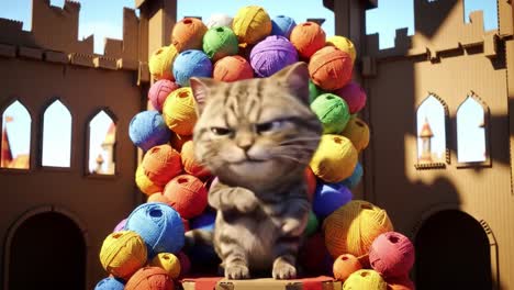 a regal cat sitting proudly on a colorful throne of yarn balls, surrounded by a medieval castle backdrop, imbuing majesty and charm in every frame