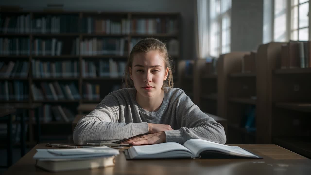 Sittende student som studerer, justerer og smiler mens kameraet filmer i bibliotek med åpen lærebok