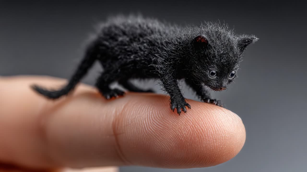 A Tiny Black Feline: Captivating Close-Up of a Miniature Cat Resting on a Finger, Showcasing Its Fluffy Fur and Playful Nature in Stunning Detail