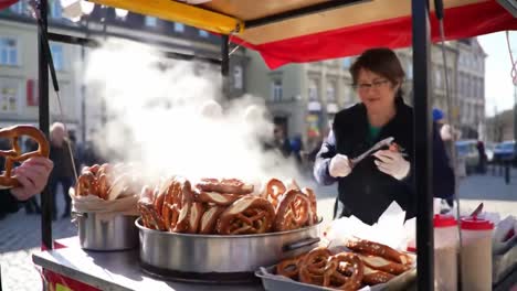 street vendor selling hot pretzels