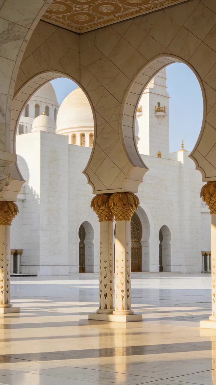 Video verticale: Panoramica iniziale della telecamera su una colonna, un arco dorato, il minareto e la cupola di una moschea, mostrando i dettagli.