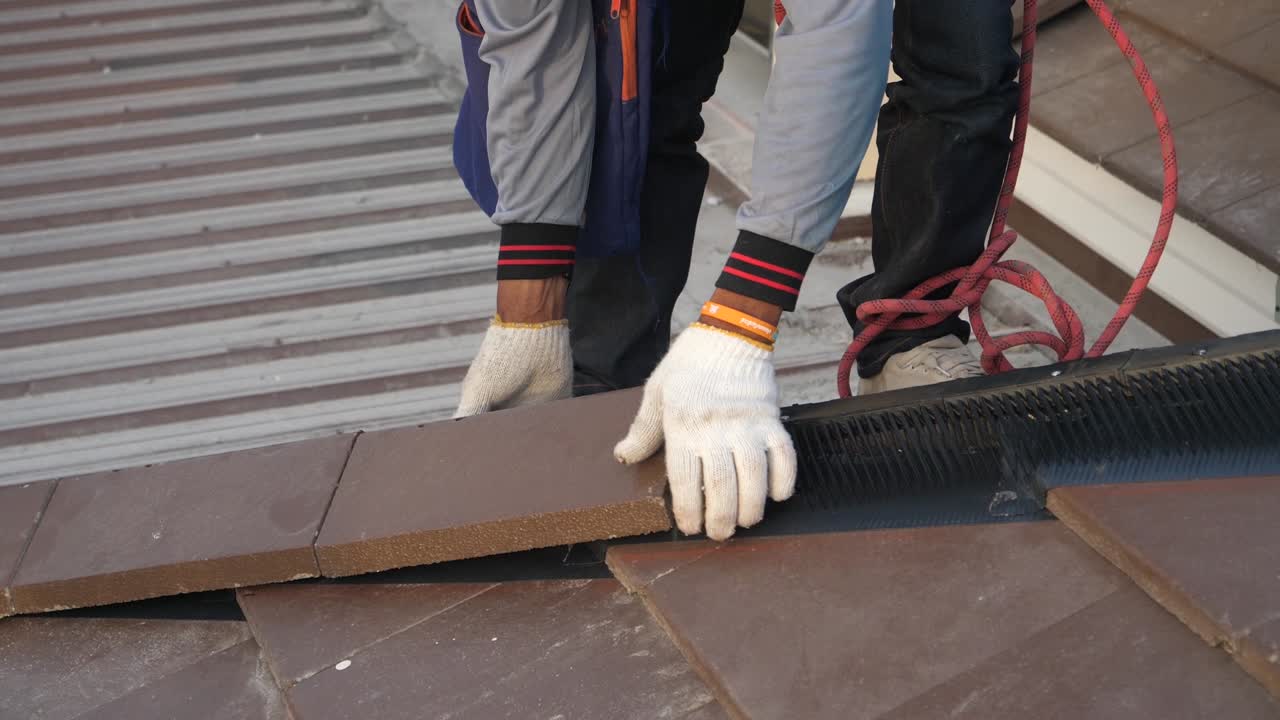 Asian Worker Doing Roof Tiles Installation, Cutting, Measuring Process, Close Up