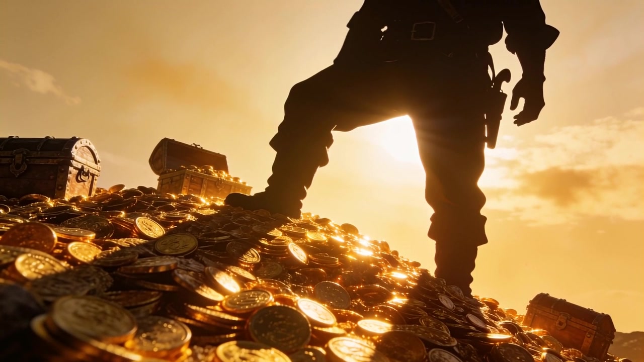 Sole nascente che scintilla su un cercatore in ombra che indossa una cintura, in piedi su monete d'oro al tramonto, mentre rivendica dei forzieri.