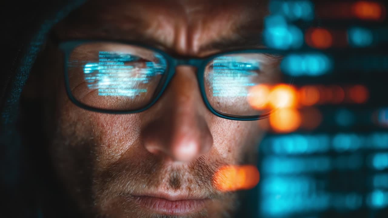 Intense Focus on Digital Data: A Close-Up Portrait of a Person Analyzing Complex Information on a Screen in a Dark Environment