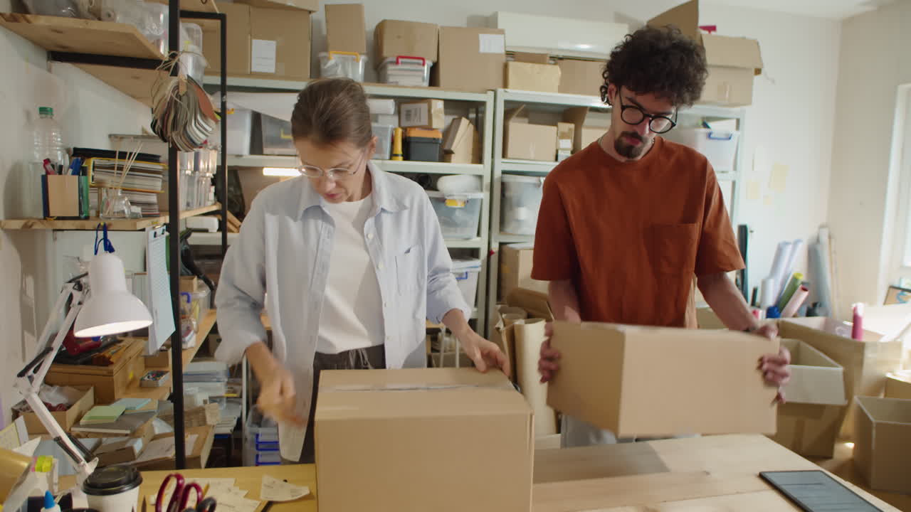 Woman Packing Parcels with Help of Coworker in Delivery Service Office