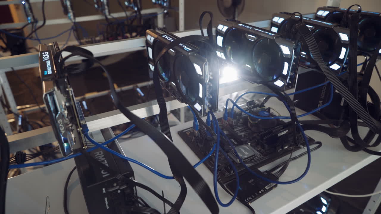 Farm for mining cryptocurrency on video cards. Virtual cryptocurrency concept. Bitcoin.
