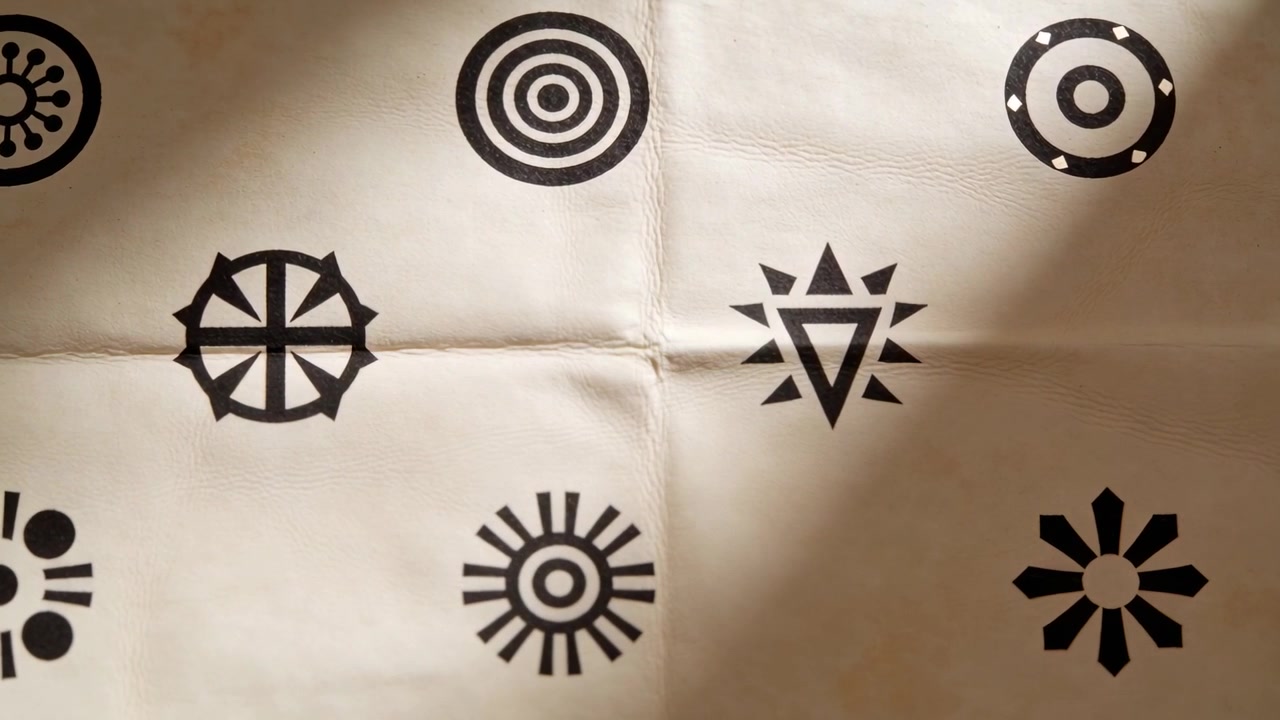 Raggio di sole diagonale in movimento che attraversa un lenzuolo su un tavolo sopra una cucitura mentre il sole si sposta, mostrando motivi geometrici