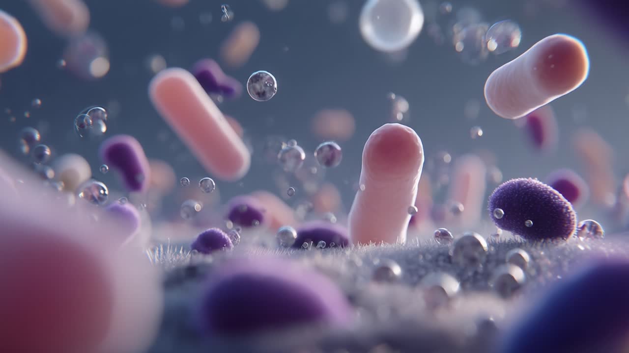 Vista microscopica di batteri vivaci e microrganismi in un ambiente fluido, che mostrano le loro forme e colori unici.