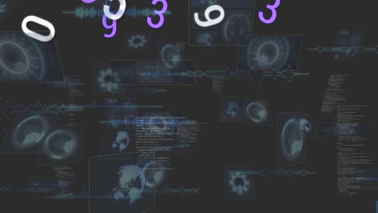 animación digital de múltiples números cambiantes contra escáneres redondos y procesamiento de datos