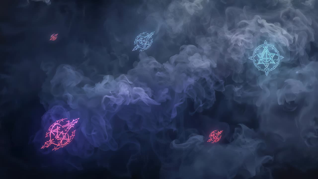 Shifting smoky fog revealing and obscuring glowing arcane sigils in nebulous field, cyan pink red