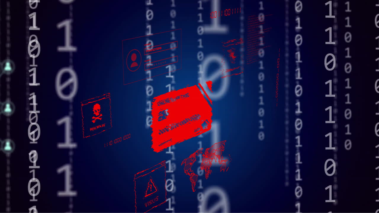 Animation of credit cards, binary coding and data processing over computer servers