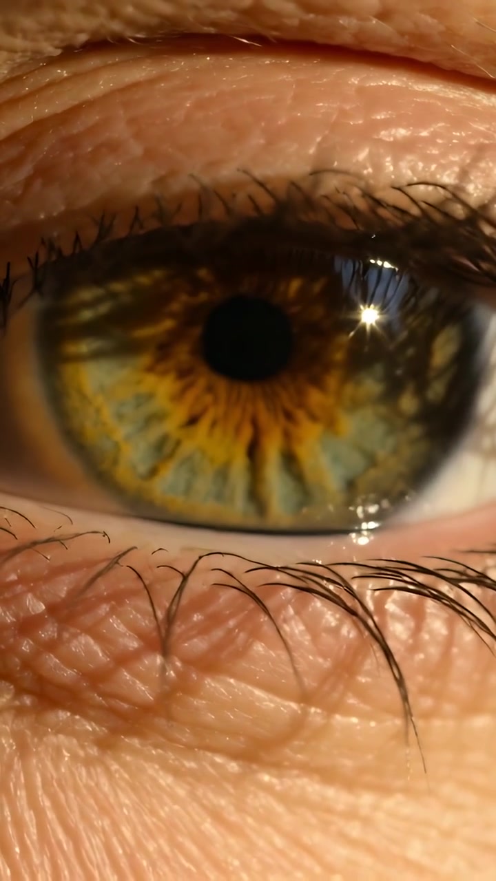 Vertical video: Opening adult eye lifting eyelid by phone light at close range, showing iris glint