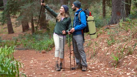 una pareja de excursionistas caminando en el bosque.
