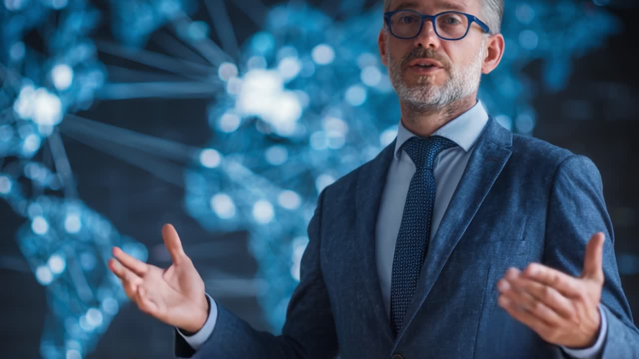 A Professional Speaker Engaging an Audience in a Technology-Driven Environment with Global Connectivity Visuals in the Background