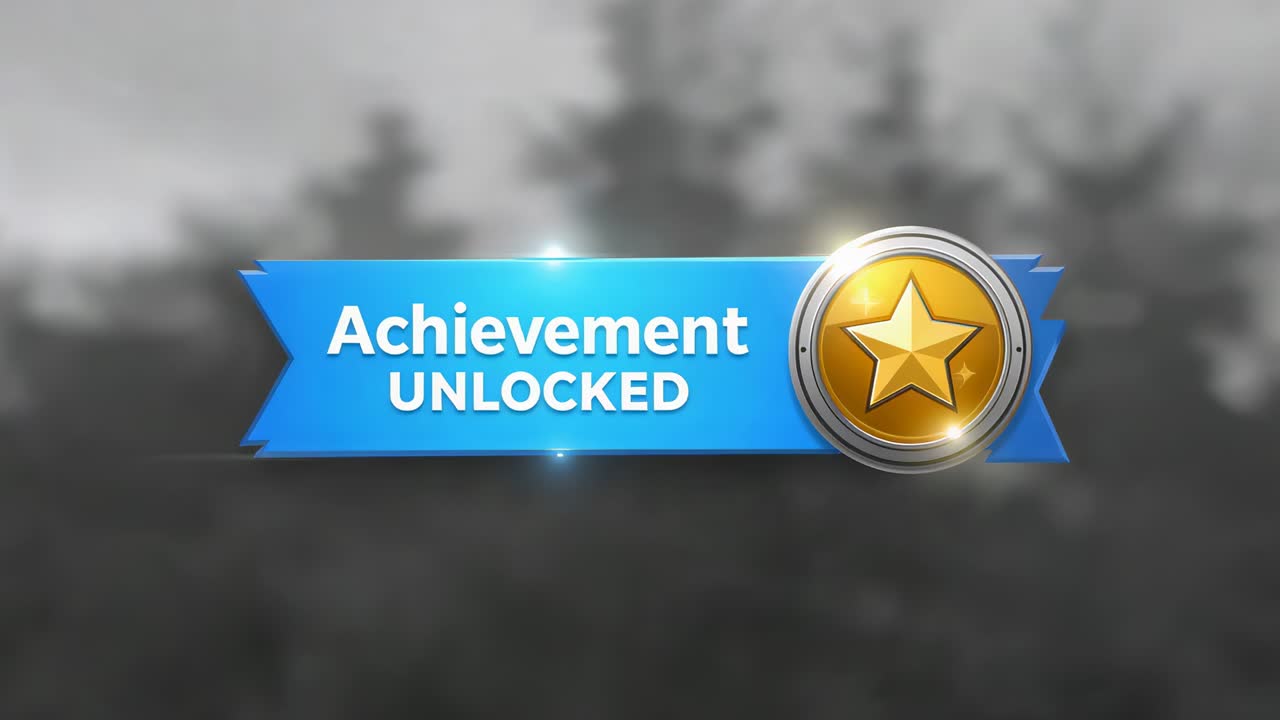Playback starting blue ribbon showing Achievement UNLOCKED, gold medal over blurred trees sparkling