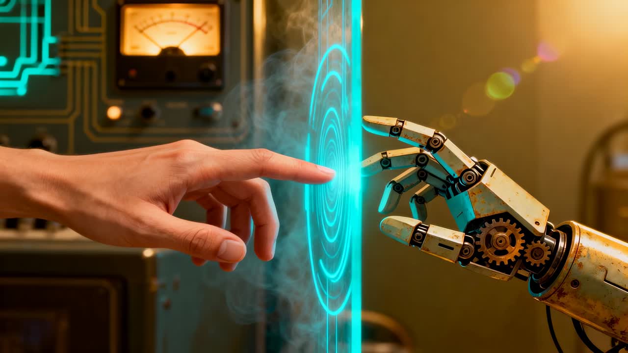 Avambraccio tecnologico e braccio robotico che toccano il pannello olografico in laboratorio, console che invia il segnale