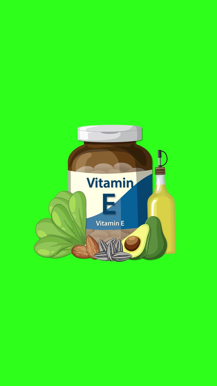 Flacone di vitamina E con spinaci, avocado, noci, semi e olio su sfondo verde brillante.