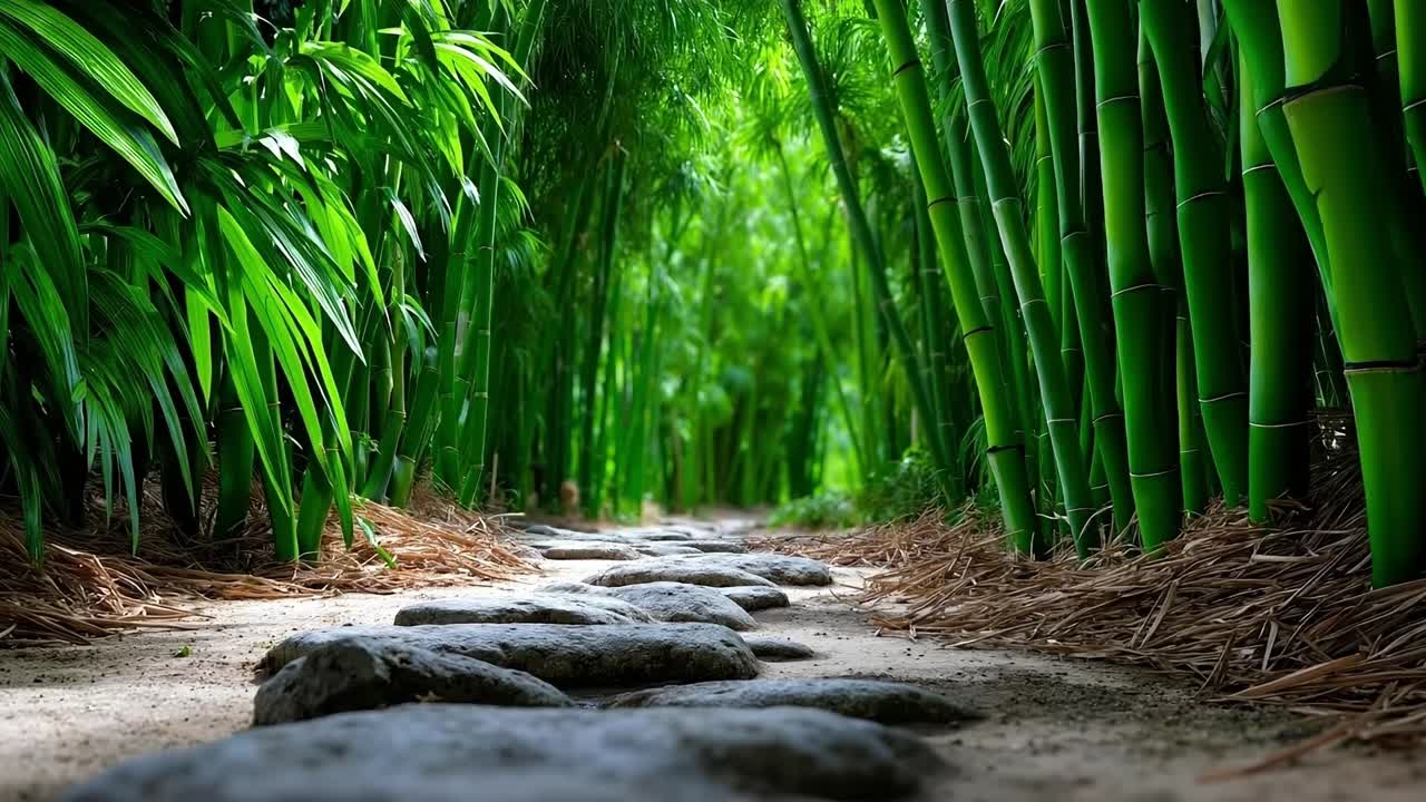 A path in the middle of a lush green bamboo forest
