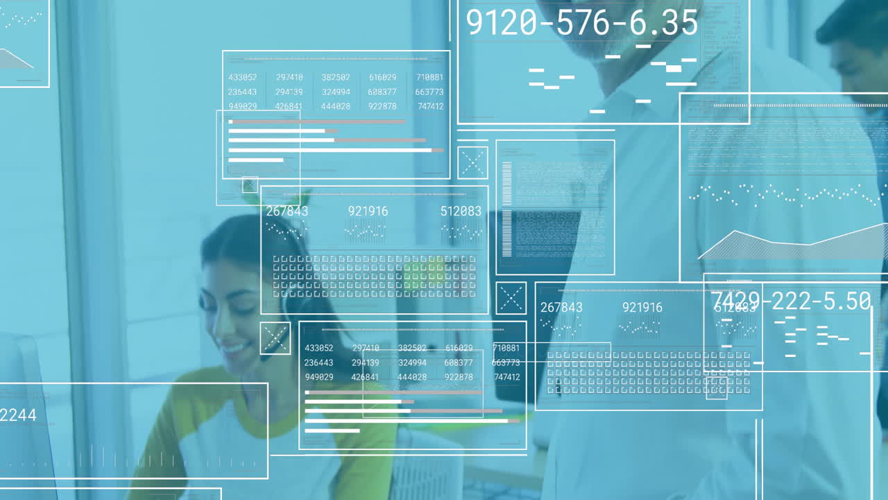 Business professionals working with data processing animation overlay in office
