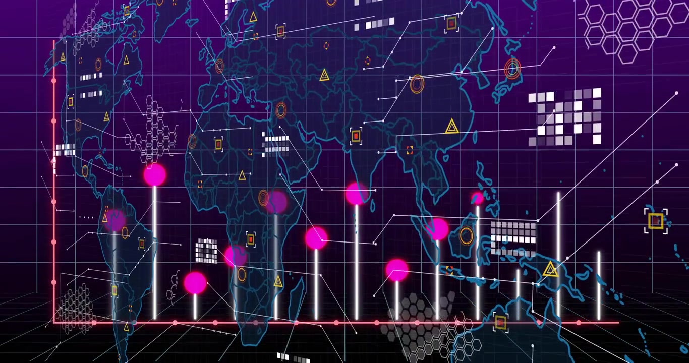 World map animating on tech HUD, data feed arriving, sequentially pulsing bars and magenta markers