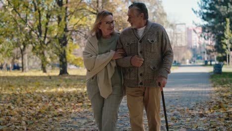 senior couple walking together at the park in autumn