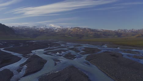 scenic view of braided water channel flowing at the kudafljot overlooking the myrdalsjokull ice cap in south iceland