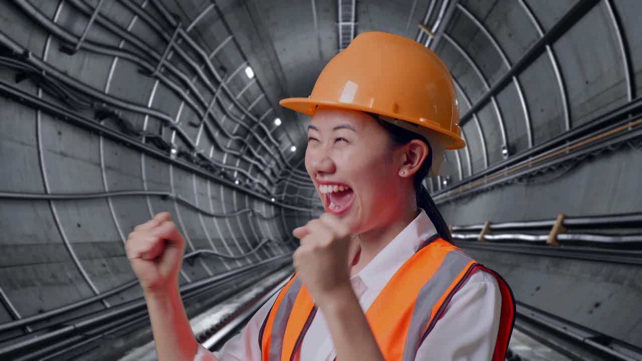 Excited Tunnel Construction Worker