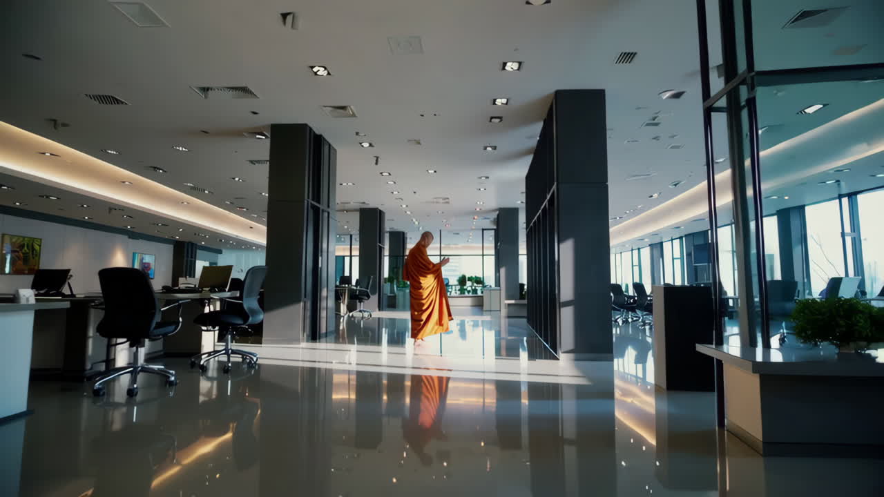 monje en un edificio de oficinas moderno