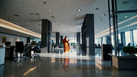 monk in a modern office building