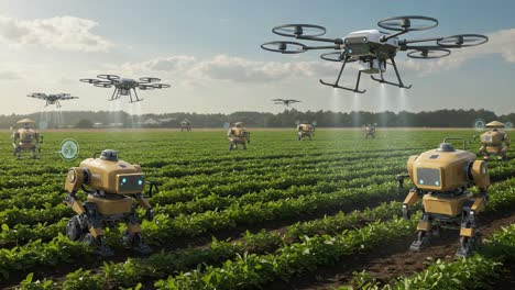 advanced agricultural robotics: a fusion of ground-based robots and aerial drones optimizing crop management in a modern farm landscape