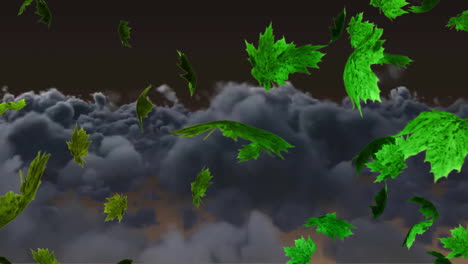 Animación-De-Hojas-Verdes-Soplando-Sobre-Nubes-De-Tormenta-En-El-Cielo-Nocturno