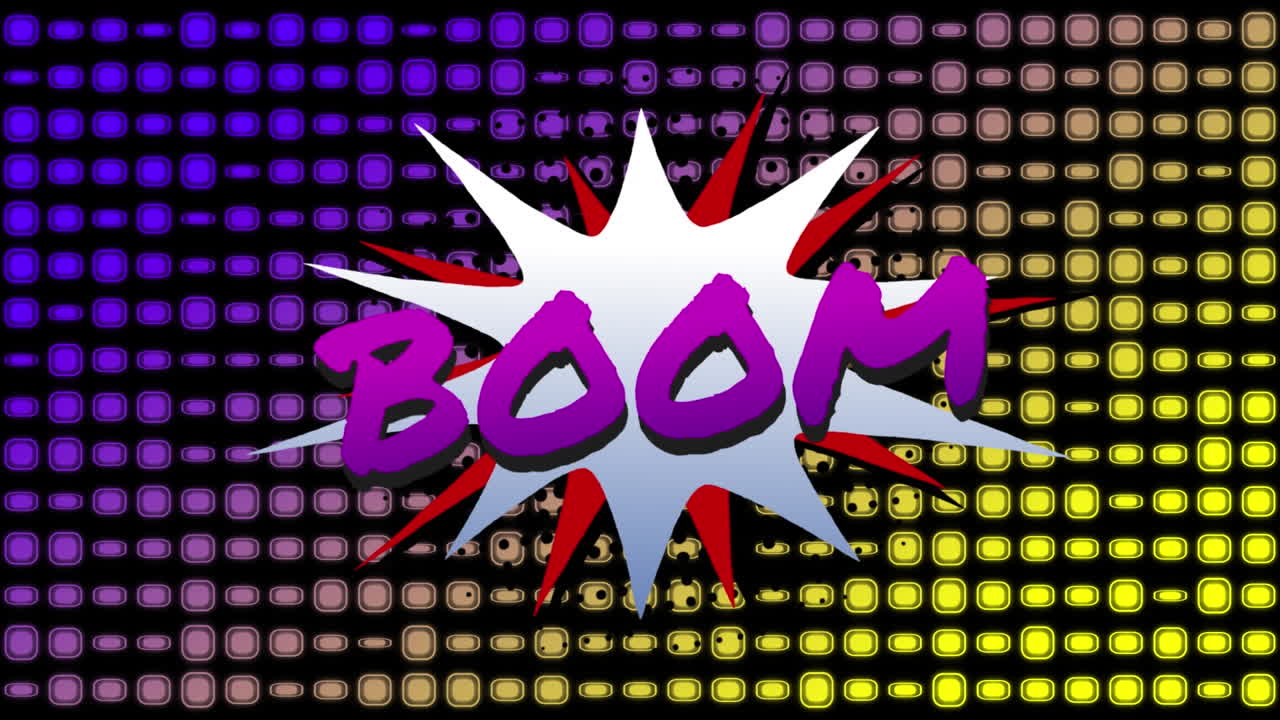 animación del texto del boom sobre filas de discos parpadeantes sobre fondo negro