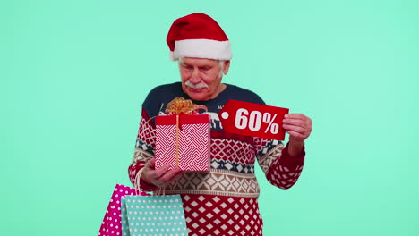 Grandfather-in-Christmas-sweater-showing-gift-box-and-60-Percent-discount-inscriptions-banner-text