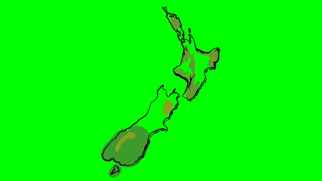 nueva zelanda dibujando un mapa de colores en una pantalla verde aislada pizarra blanca