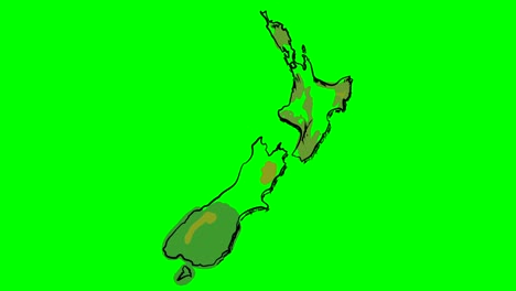 nueva zelanda dibujando un mapa de colores en una pantalla verde aislada pizarra blanca