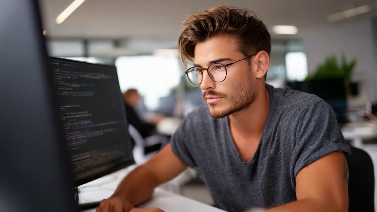 Focused individual engaged in coding at a modern workspace, demonstrating concentration and skill while utilizing technology for programming tasks