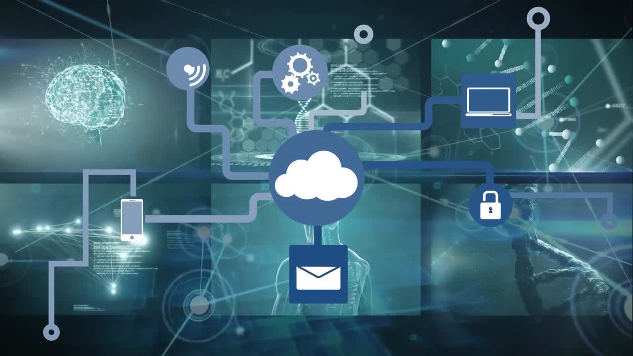 검은 바탕에 연결 네트워크를 통해 데이터 처리의 애니메이션