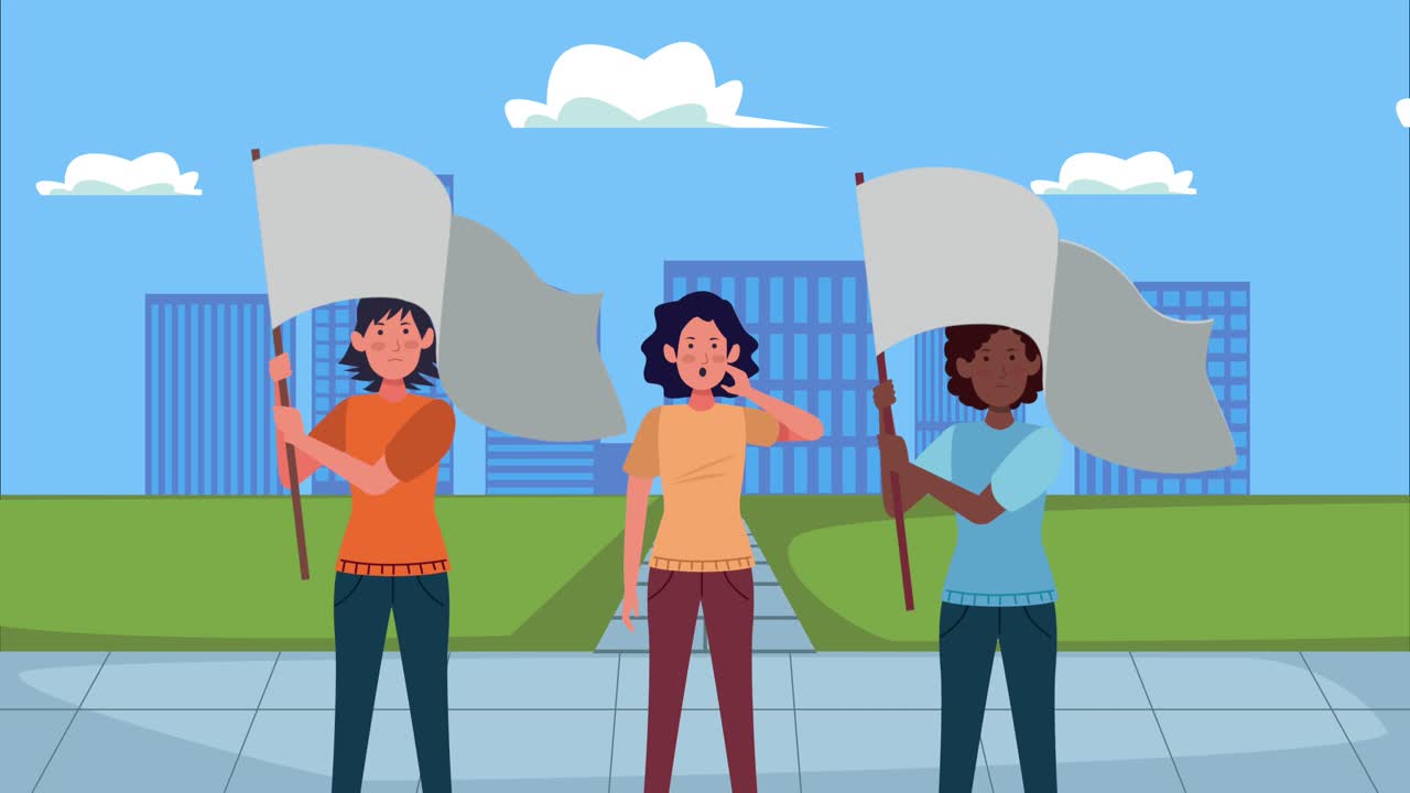 도시 캐릭터에 발을 들고 시위하는 여성들