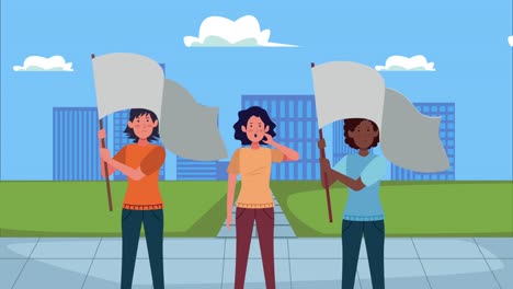 women protesting with flags on the city characters