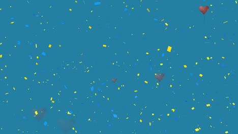 Animation-of-confetti-and-grey-heart-balloons-floating-on-blue-background