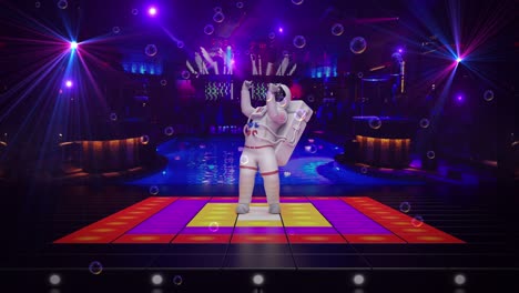 astronauta bailando en un escenario iluminado en un club nocturno