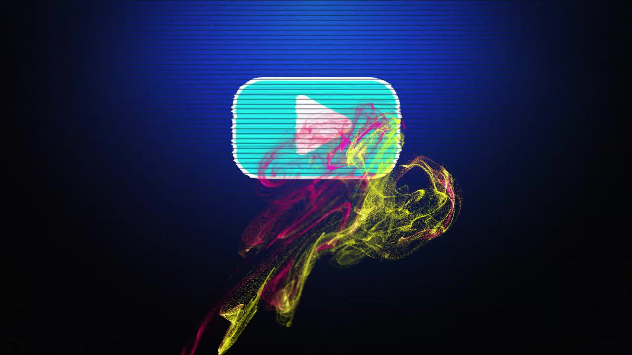 Play button icon with colorful smoke animation over blue striped background