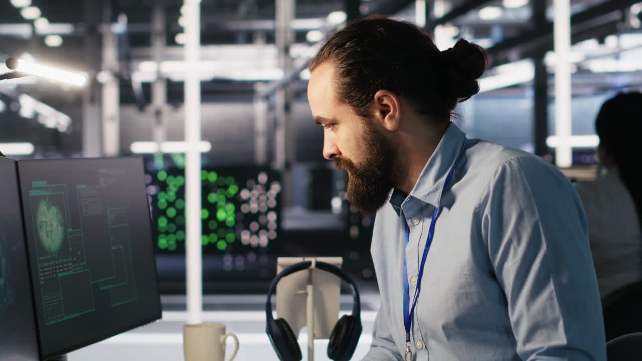 Vertical video Employee requesting help from manager to fix hacked equipment systems