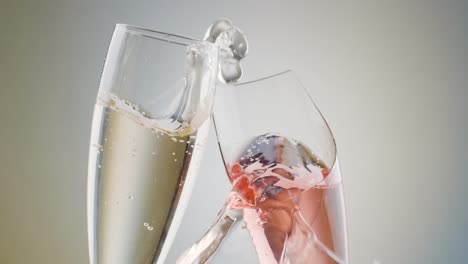 Slow-motion-shot-White-and-pink-champagne-flutes-toasting-and-breaking,-drinks-accident