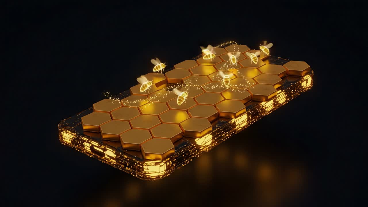 A Vibrant Display of Bees Buzzing Around a Honeycomb-Themed Smartphone Design, Creating a Stunning Visual of Nature and Technology in Harmony