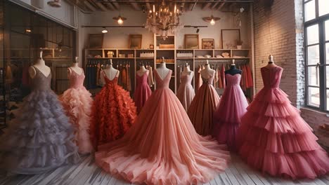 elegant gowns displayed on mannequins in a boutique