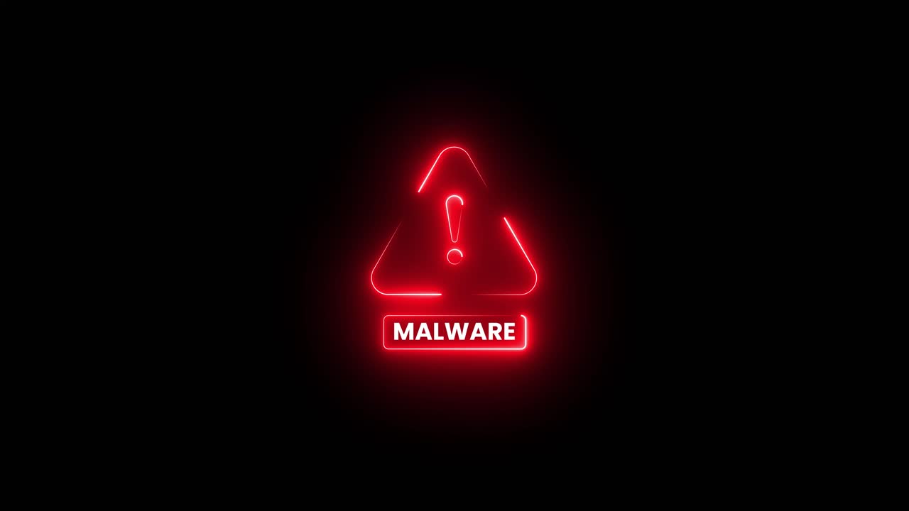 Rødt malware-advarselsskilt i neon blinker på sort baggrund